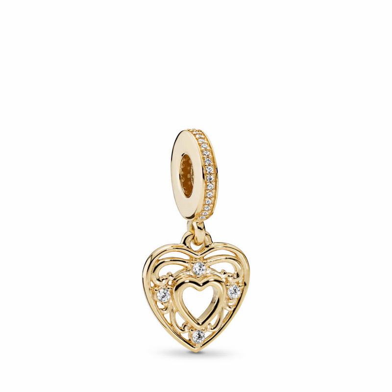 Pandora Romantic Heart Dangle Charm - Yellow Gold 14 K/Cubic Zirconia - Canada | OL9607OB